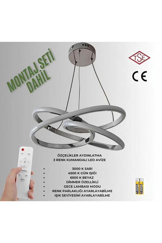Kumandalı 3 Renk Işıklı Lüks Led Avize Krom Gövde Yüksek Lümen Salon Oda Yatak Odası Mutfak Antre A