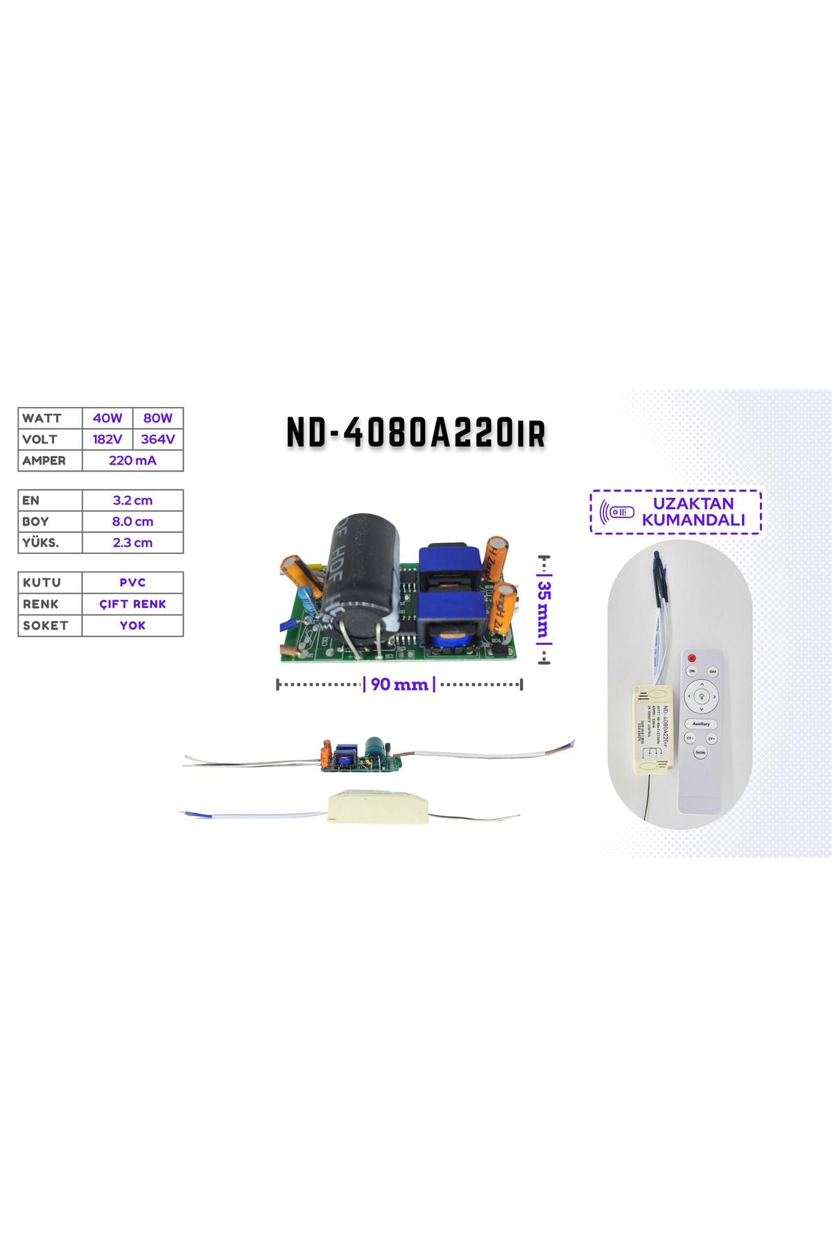 LED UZAKTAN KUMANDALI DRIVER/TRAFO (40W-80W (x2), 182V-364V, 220mA) AVİZE